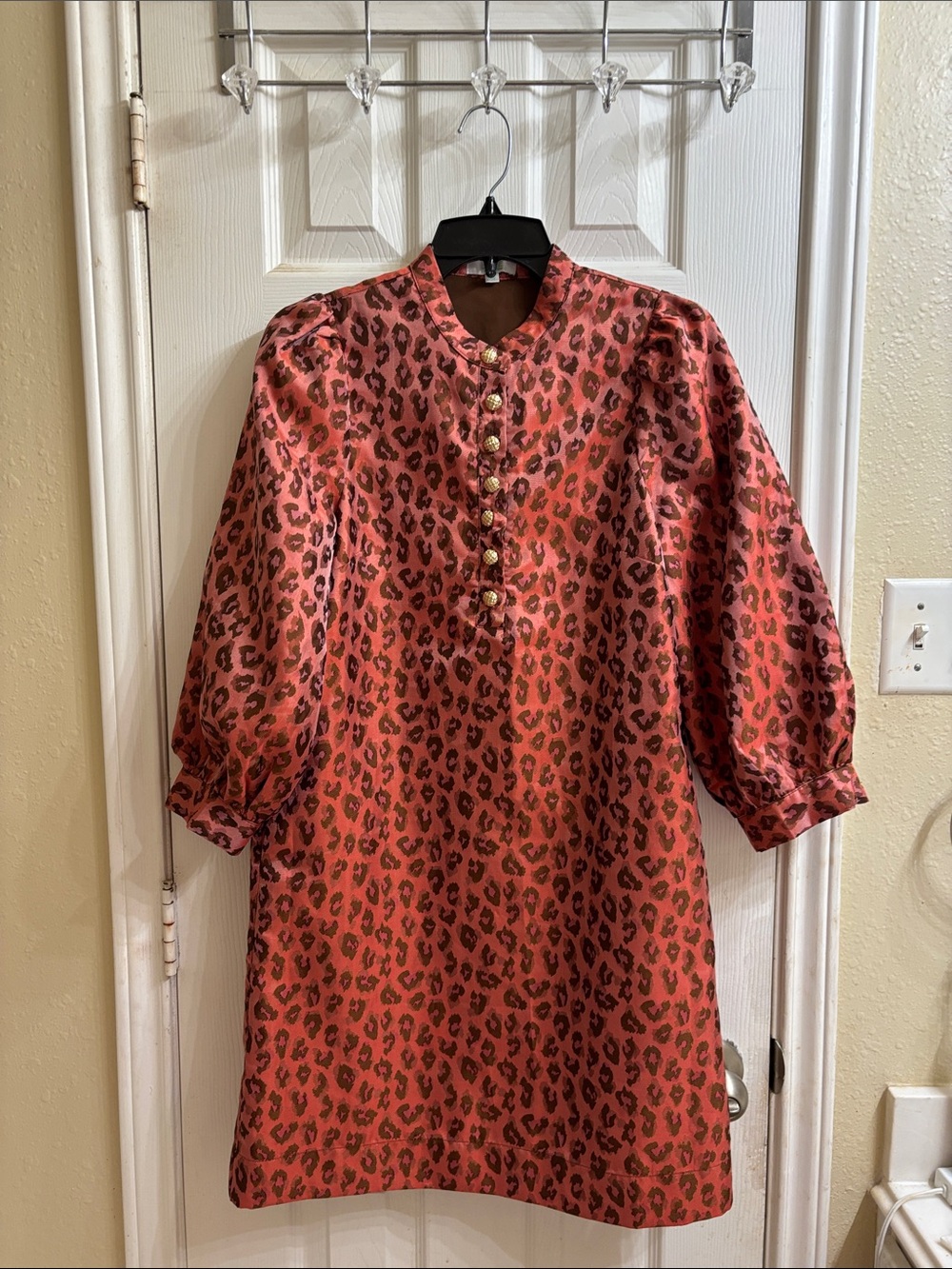 JADE by Melody Tam iridescent cheetah print with eye catching buttons Mini dress